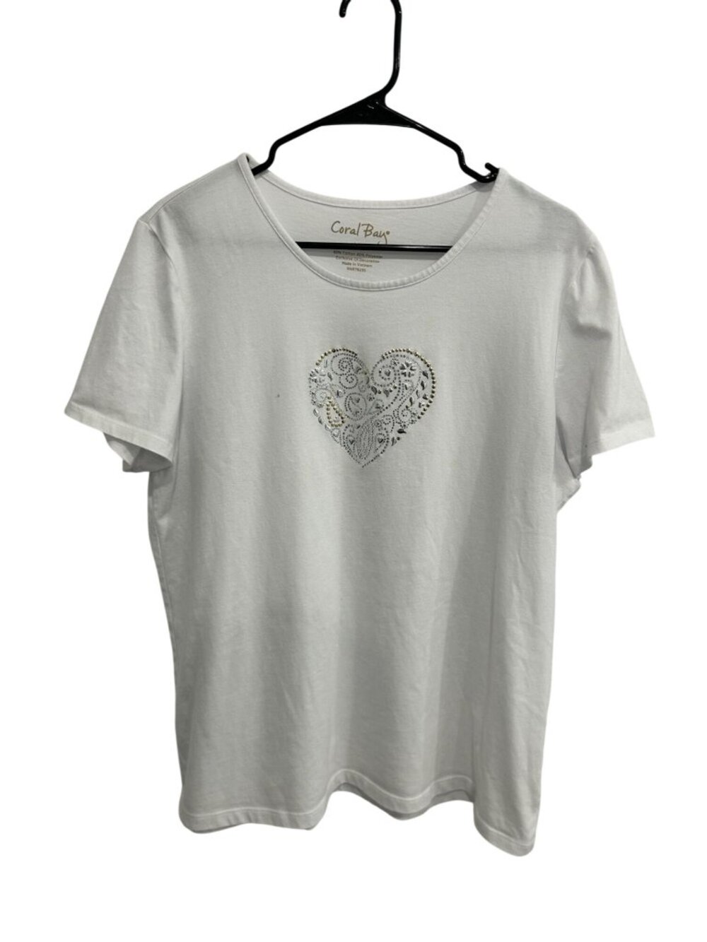 Coral Bay XL White T-Shirt Heart Rhinestone Design Cotton Blend Retro Whimsical